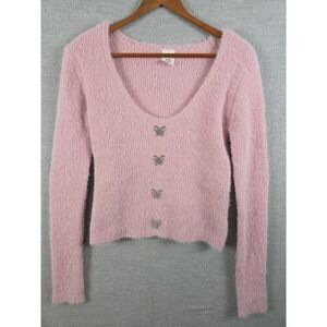 No Boundaries Rhinestone Butterfly M Sweater Fuzzy Baby Pink Fairy Coquette Y2K
